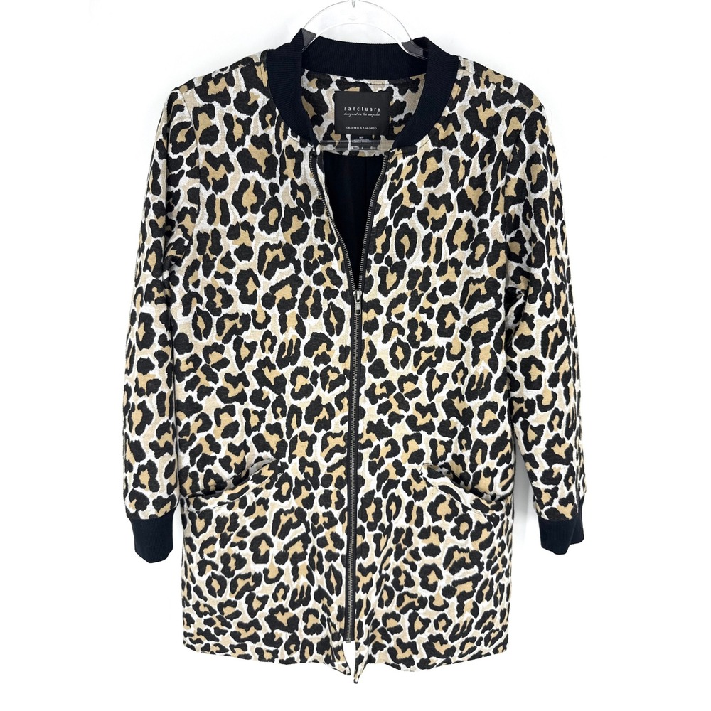 Sanctuary Leopard Print Longline Bomber Jacket Zip Front Tan Black MP